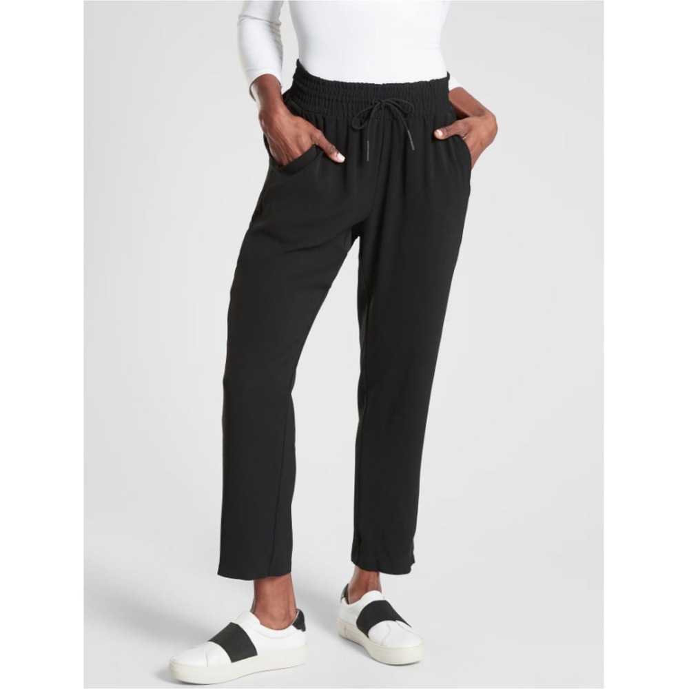 Athleta Metropolis Straight Leg Pant Womens 8 Black Drawstring Split Hem Trouser